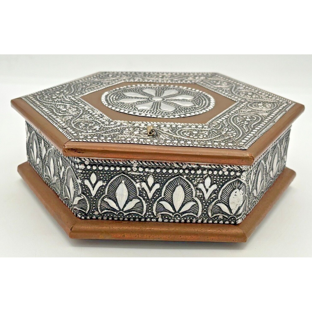 Vintage Embossed Silver Copper & Metal Hexagonal Trinket Box‎ 4 Compartment